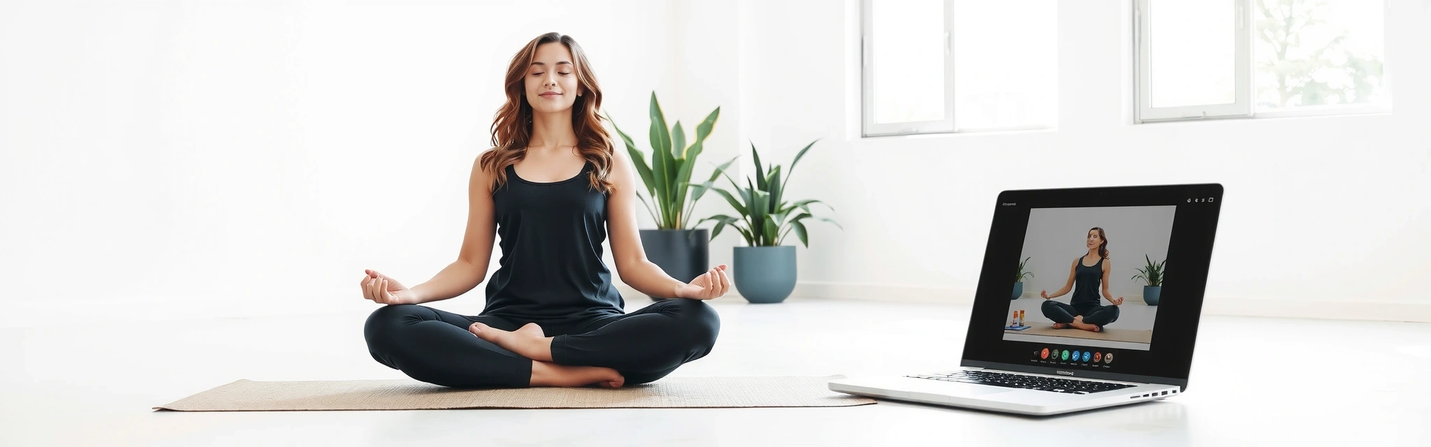 Serene woman meditating online in a bright, minimalist room with a laptop